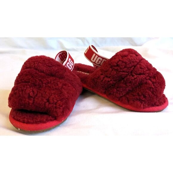 NWOT UGG Kids Fluff Yeah Sling-back Slides Ribbon Red Genuine Shearling - Picture 7 of 7